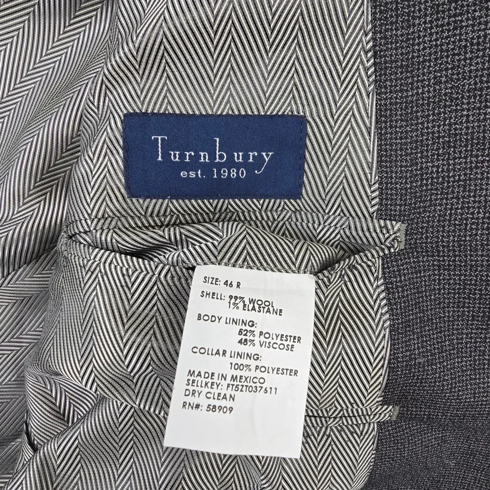 Turnbury Men's Grey Check Wool Blend Suit Jacket Blazer‎ 46R Made in Mexico